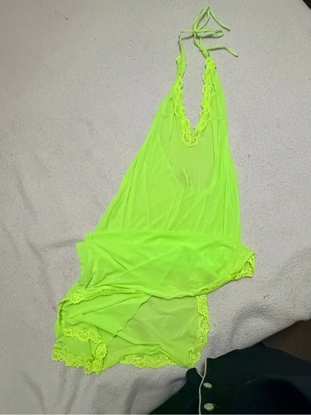 SKIMS Neon Lime Lace-Trim Halter Swim Coverup